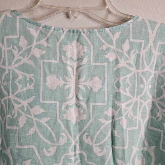 Charter Club Linen Top Womens L Aqua Blue White Floral Tunic Boho Coastal Beachy - Picture 7 of 9